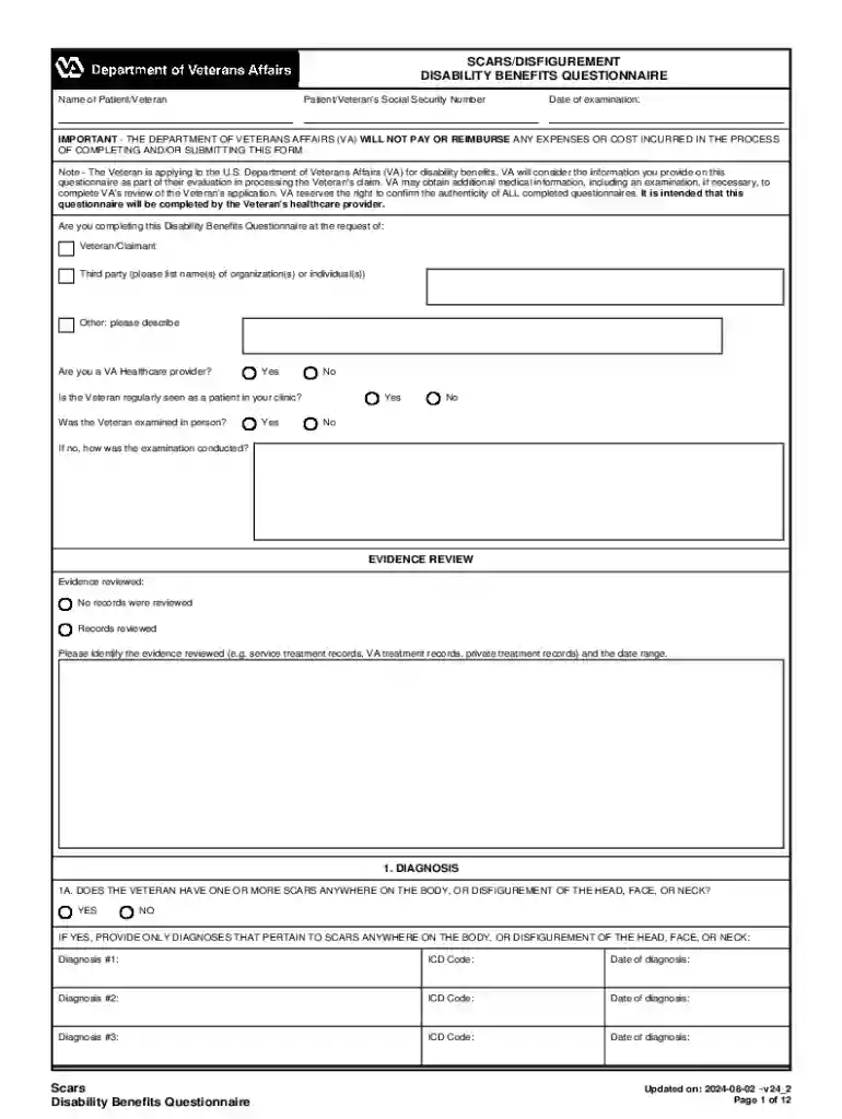 SCARS DISFIGUREMENTDISABILITY BENEFITS QUESTIONNAIRE Preview on Page 1