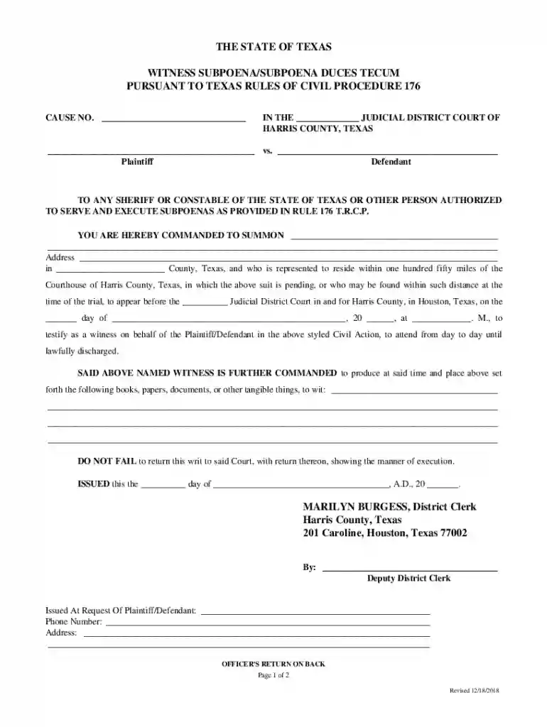 texas witness subpoena Preview on Page 1