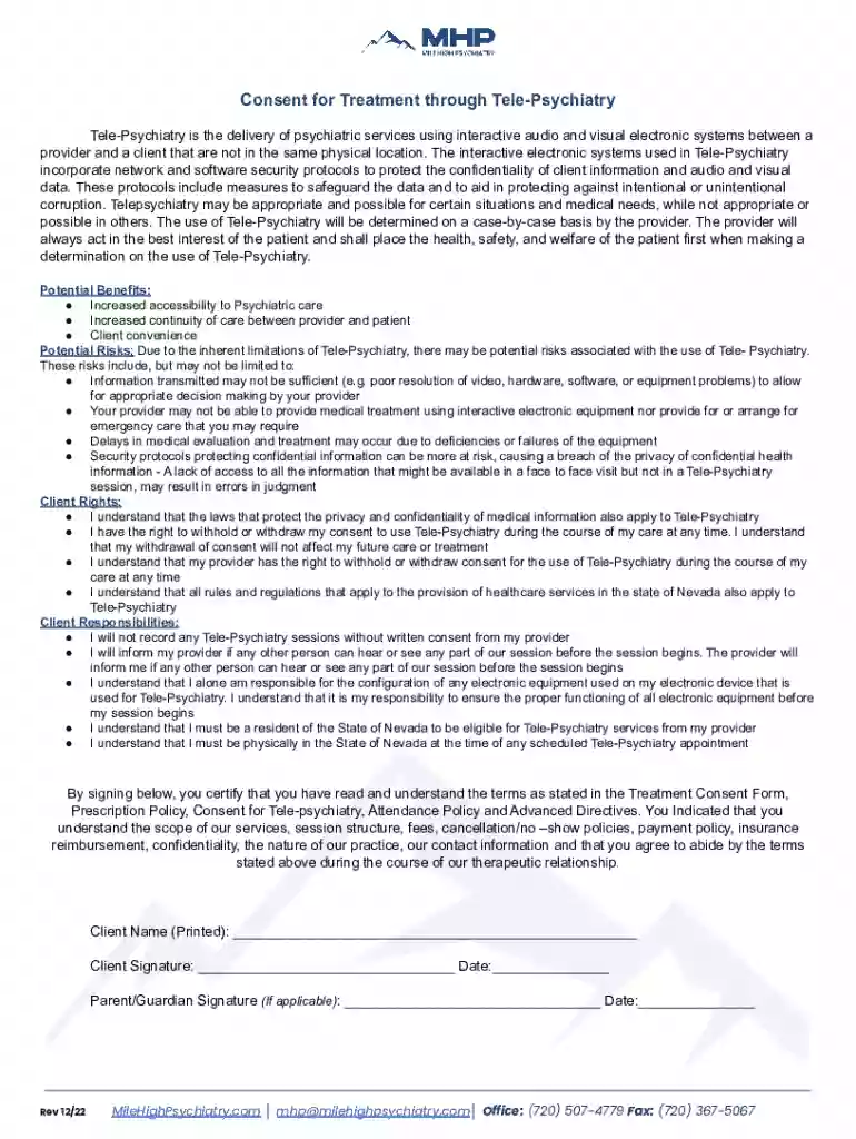TELEPSYCHIATRY PATIENT CONSENT FORM Preview on Page 1