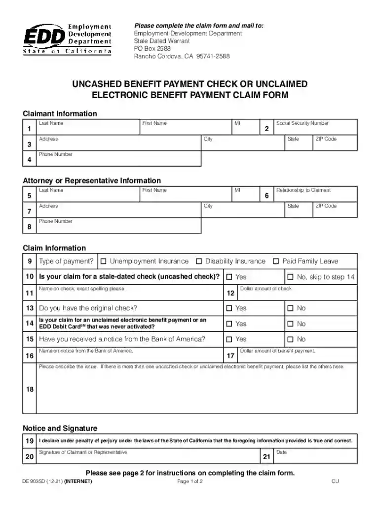 Uncashed Benefit Payment Check or Unclaimed Electronic Benefit Payment Claim Form (DE 903 (12-21)) Preview on Page 1