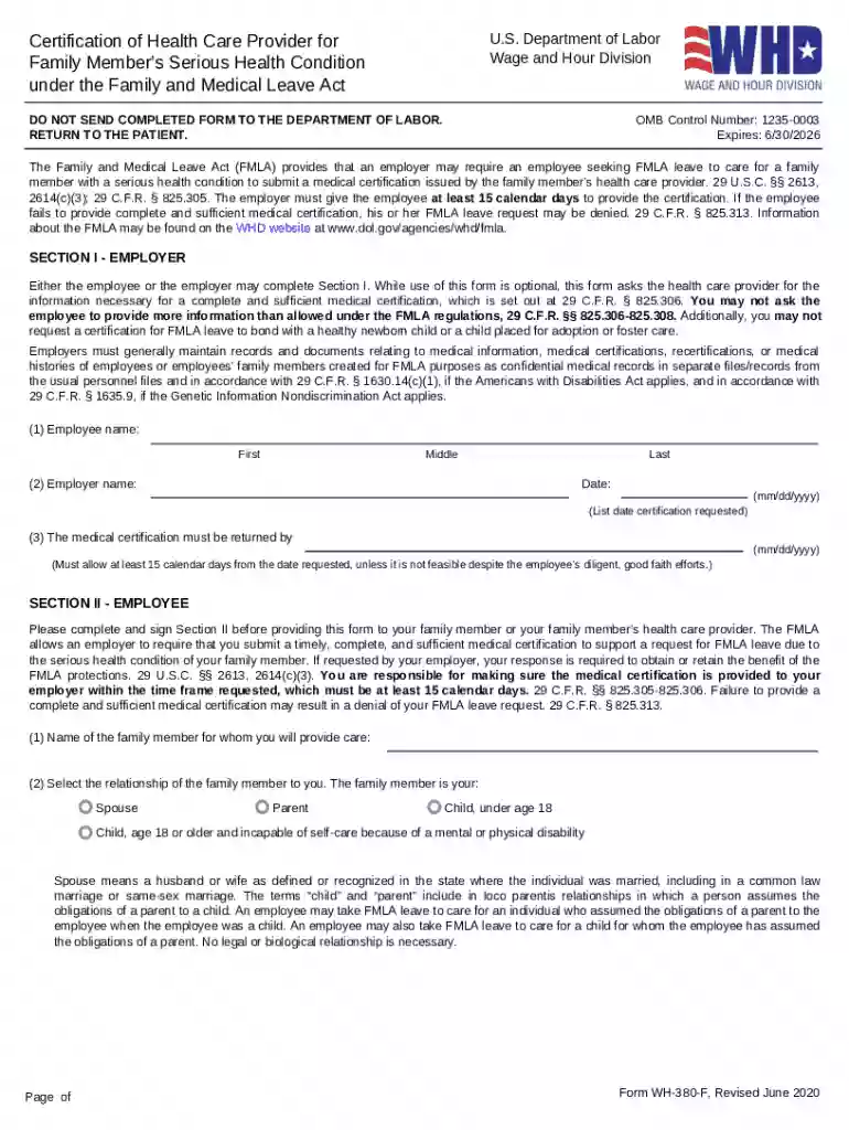 Certification of Health Care Provider for Family Member s Serious Health Condition under the Family Preview on Page 1