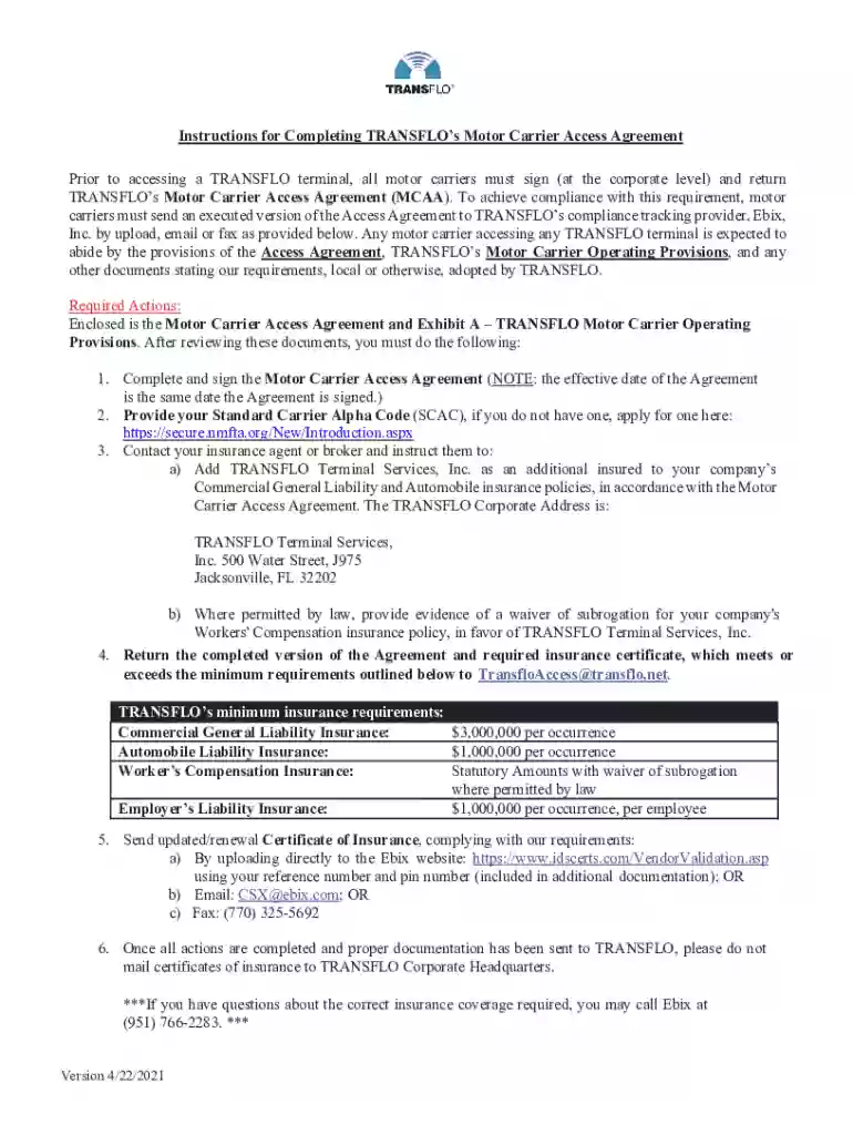 TRANSFLO Motor Carrier Operating Provisions Preview on Page 1
