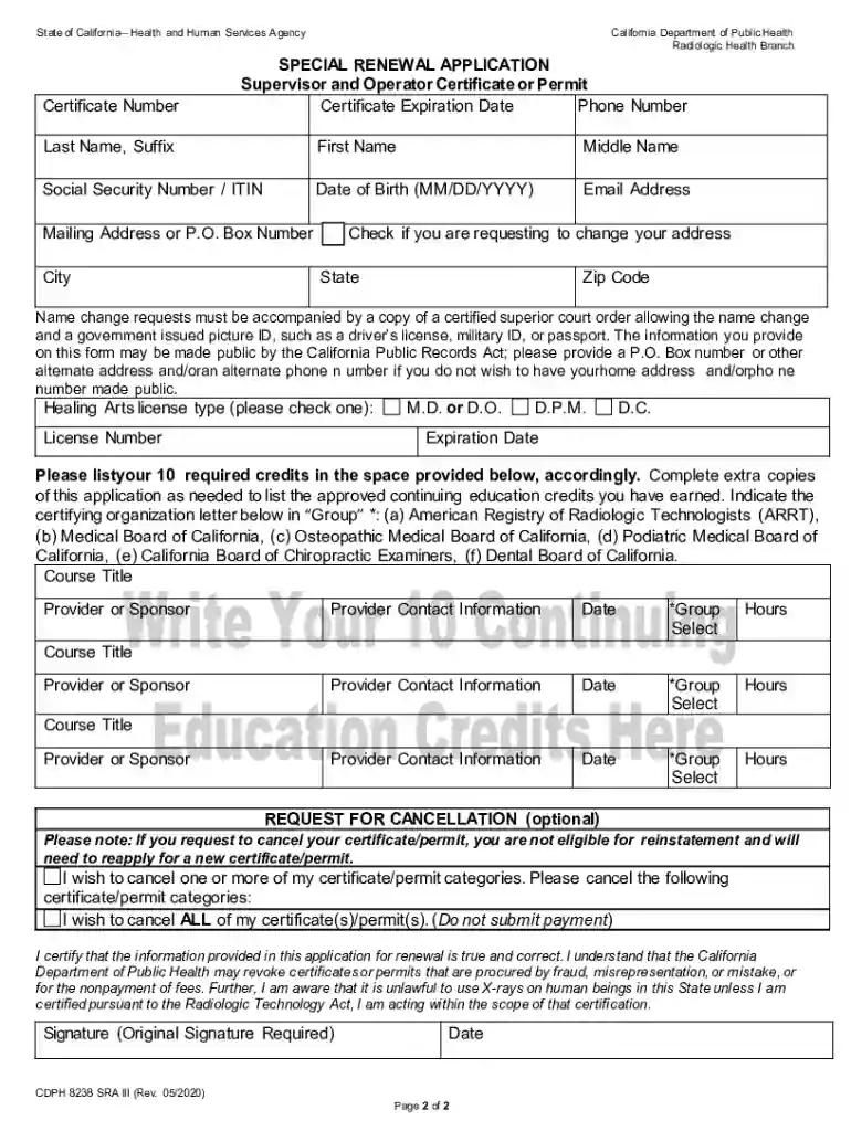 Supervisor and Operator Certificate or Permit Special Renewal Application Preview on Page 1