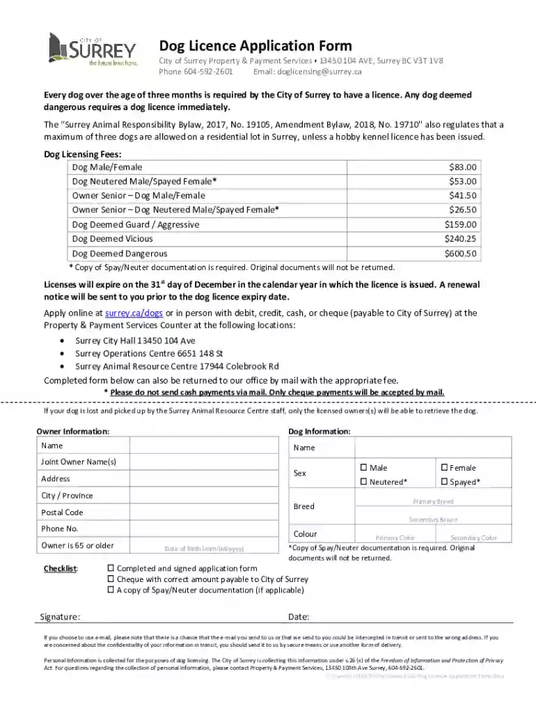 Surrey Dog License Form - Fill Out and Sign Printable PDF Preview on Page 1