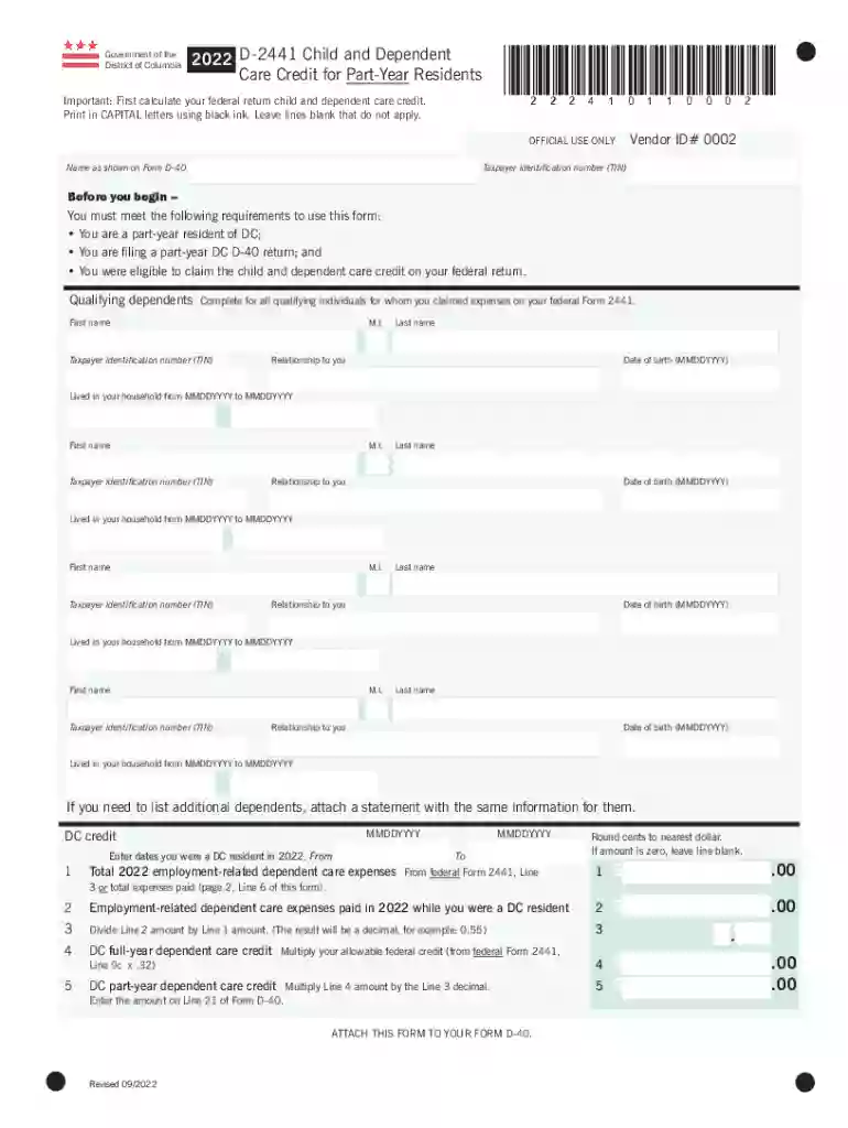 DC Child and Dependent Care Credit Form D-2441 Preview on Page 1
