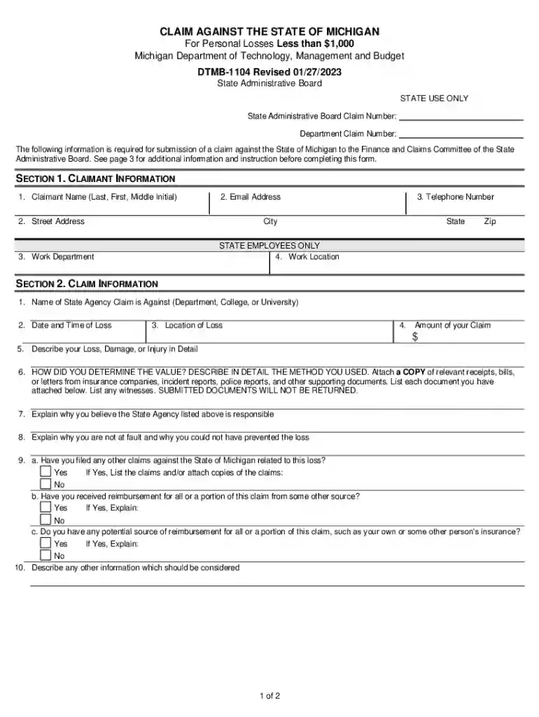 DTMB-1104 Claim Against the State of Michigan for Personal Losses Less Than $1,000 DTMB Forms Preview on Page 1