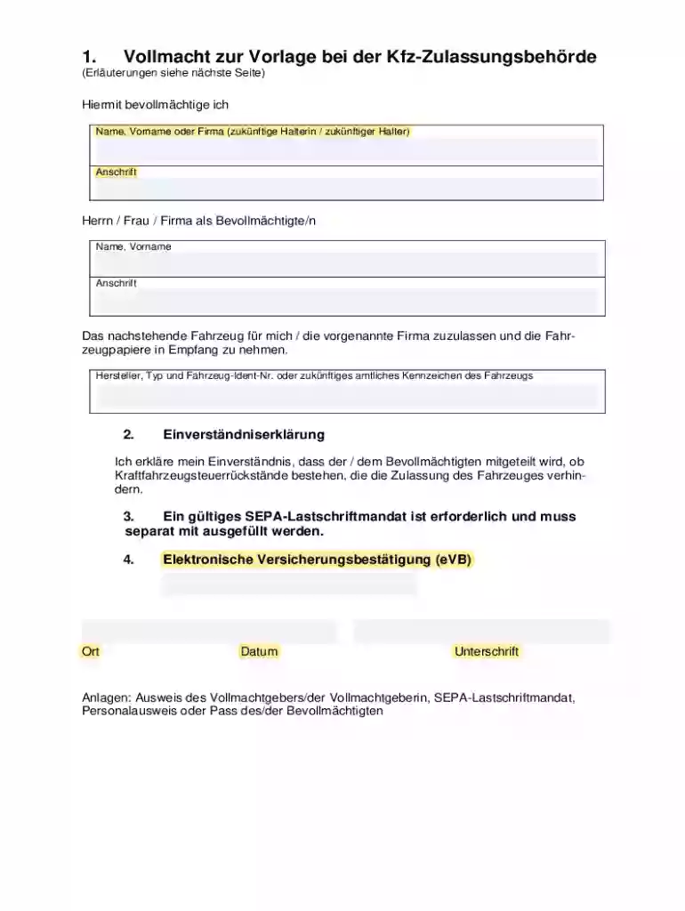 1 Vollmacht zur Vorlage bei der Kfz-Zulassungsbehrde Preview on Page 1