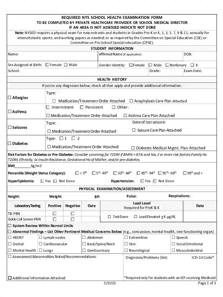 NY Public School Physical Exam Form Preview on Page 1