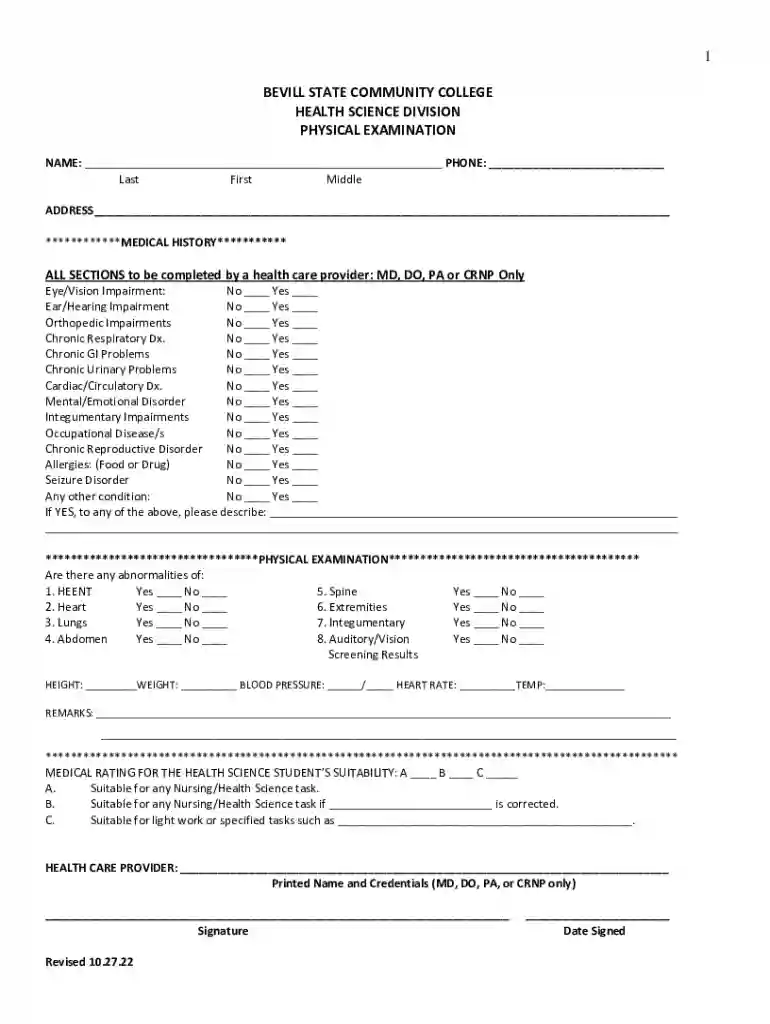 Bevill State Community College Health Science Forms Preview on Page 1