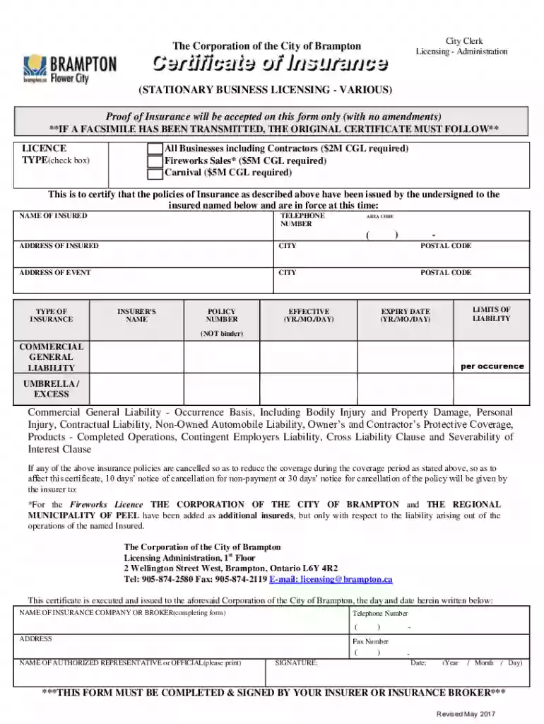 City of brampton fillable form certificate of insurance Preview on Page 1
