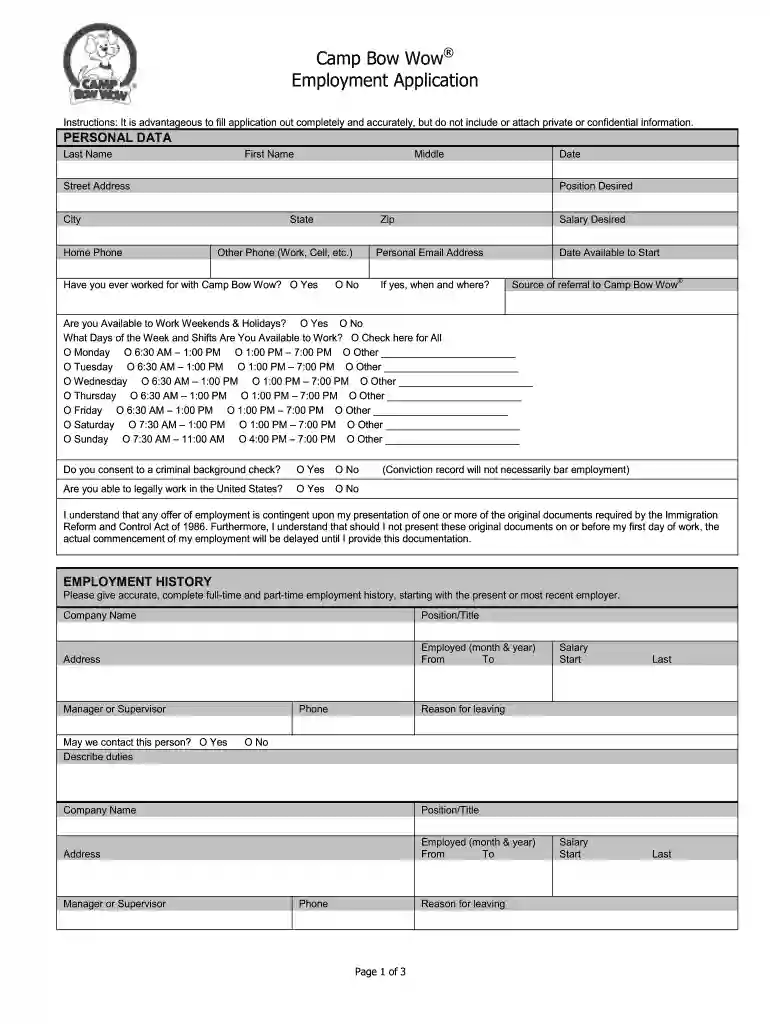 camp bow wow application Preview on Page 1