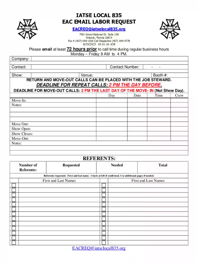 Labor Order Form Inform Or Request Labor From IATSE Preview on Page 1