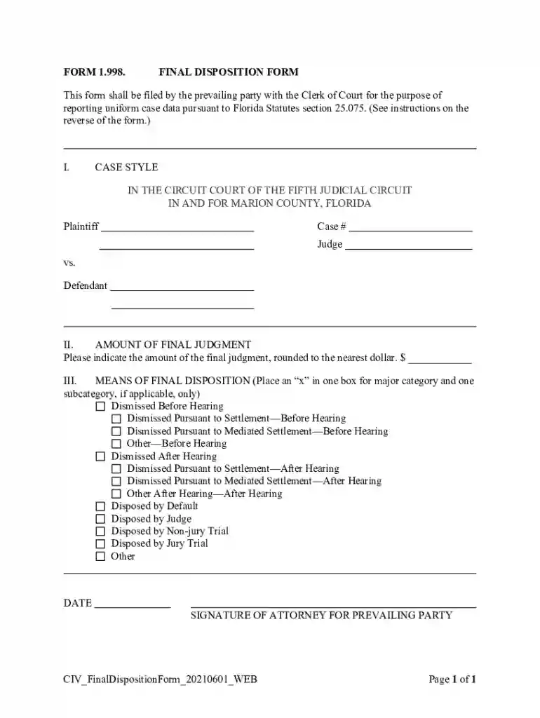 Form 1 998 Final Disposition Form - Florida Rules of Civil Preview on Page 1