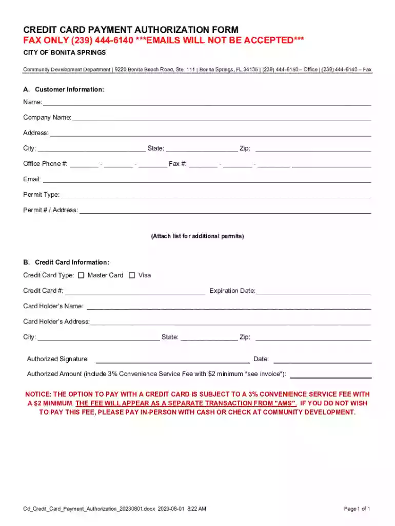 Credit Card Authorization Form Announcement Preview on Page 1