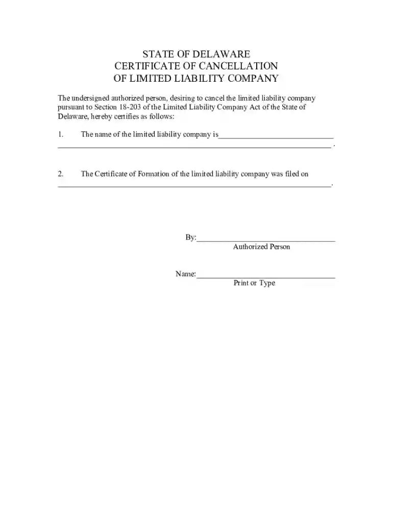 Certificate of Cancellation of a Limited Liability Company Preview on Page 1
