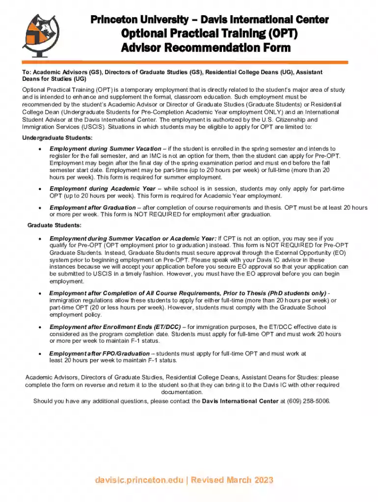Optional Practical Training (OPT) Advisor Recommendation Form Preview on Page 1