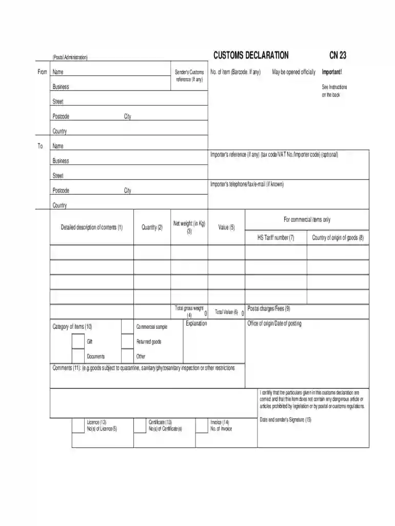 Cn23 Customs Form - Fill and Sign Printable Template Preview on Page 1