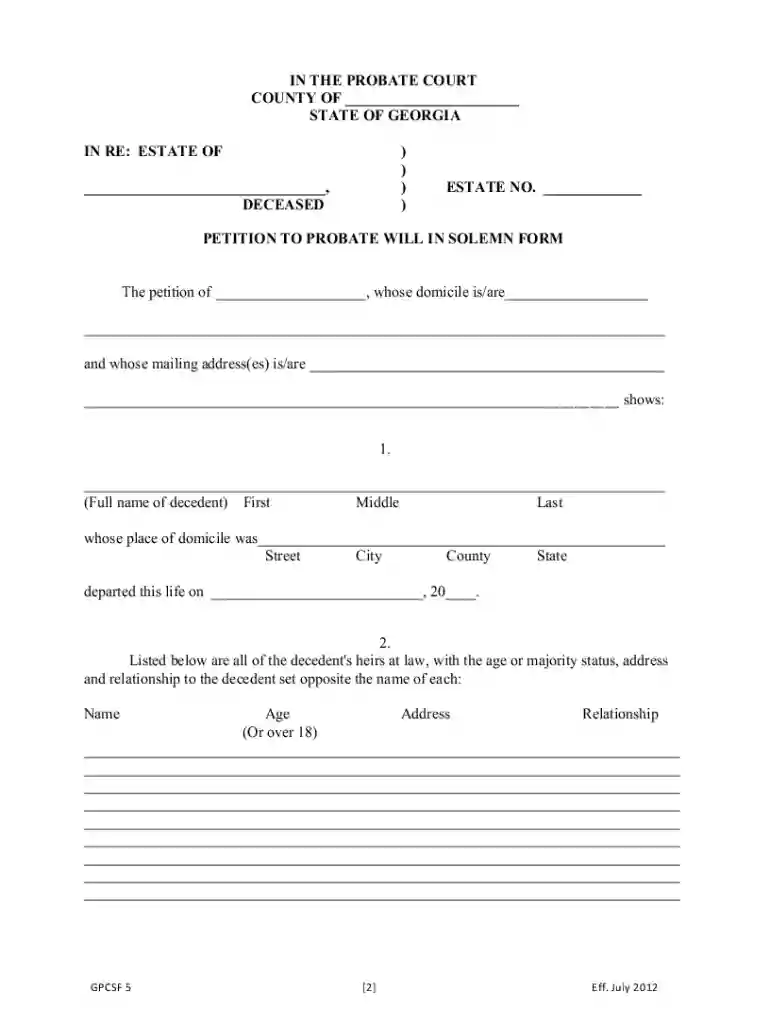 sample petition to probate will in solemn form georgia Preview on Page 1
