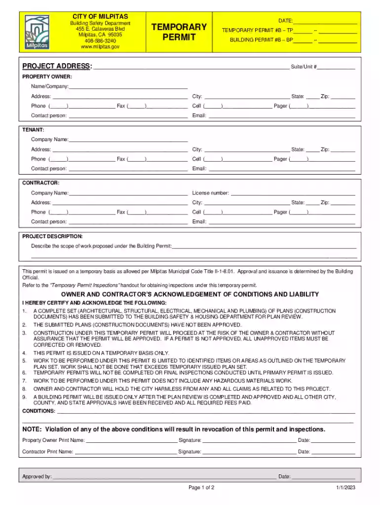 Temporary Building Permit Application Preview on Page 1