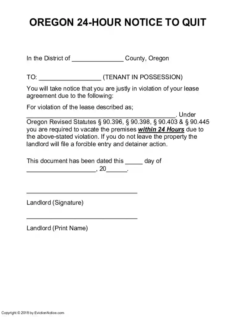 Oregon 24-Hour Notice to Quit FormDanger Illegal Activity Preview on Page 1