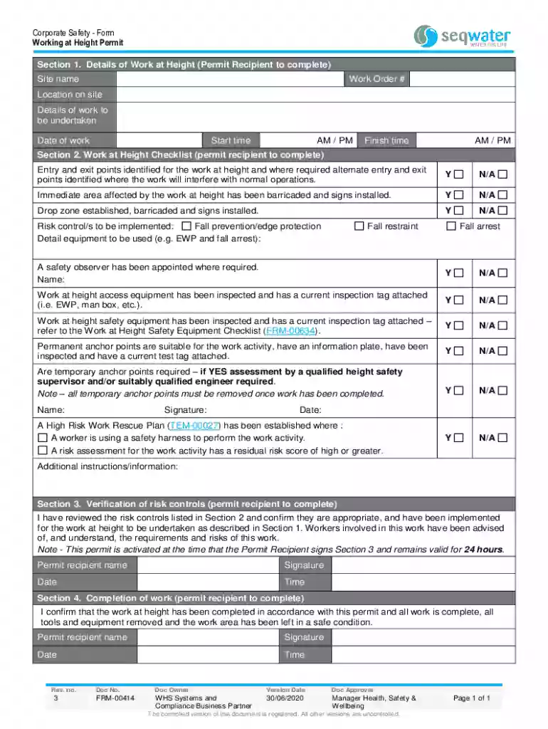 work at height permit word format Preview on Page 1