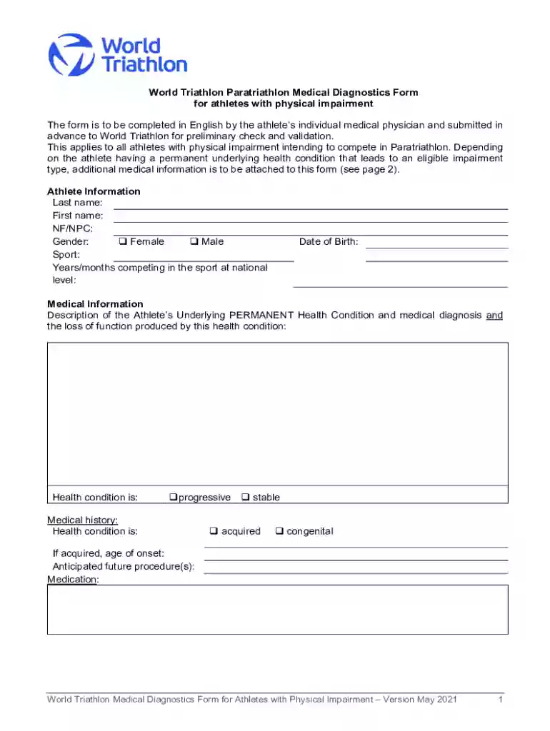 World Triathlon Classification PI Medical Diagnostics Form Preview on Page 1