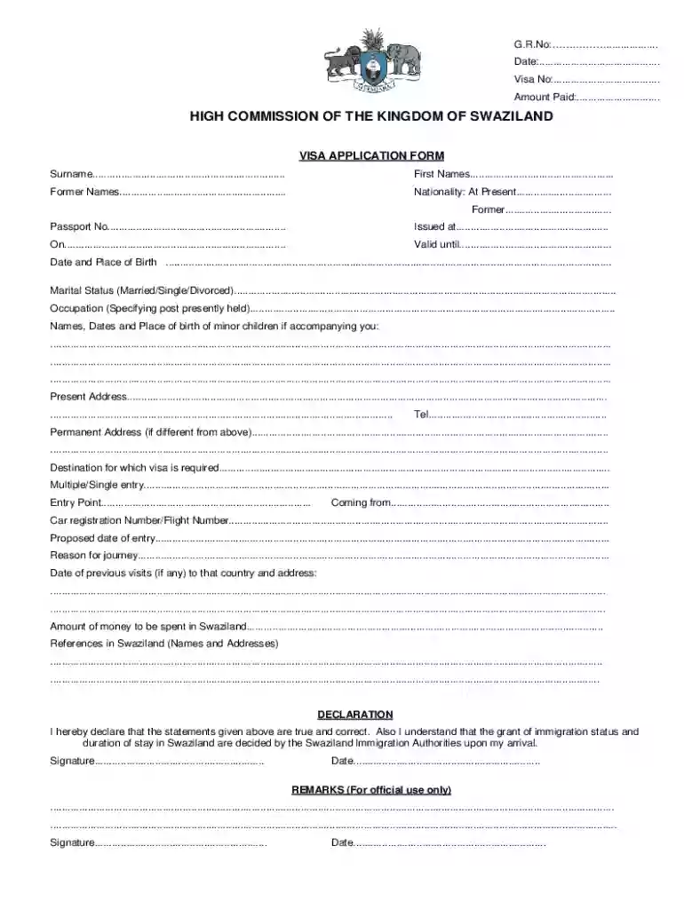 Swaziland Visa Application Form Preview on Page 1