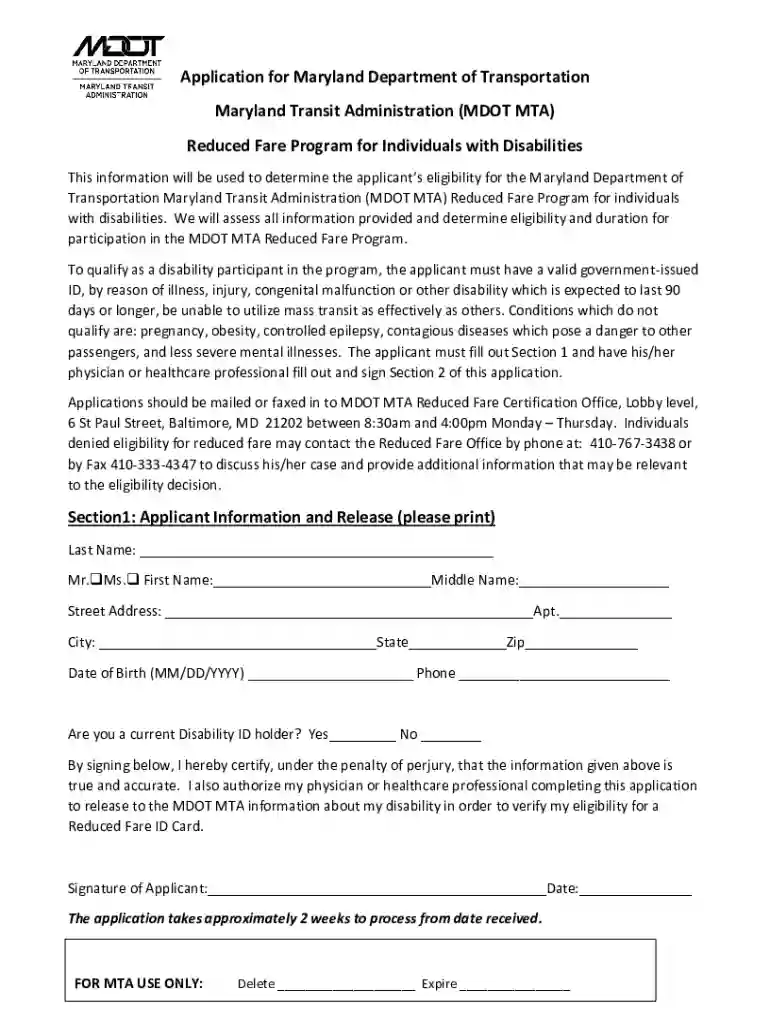 Maryland Reduced Fare Program Application Preview on Page 1