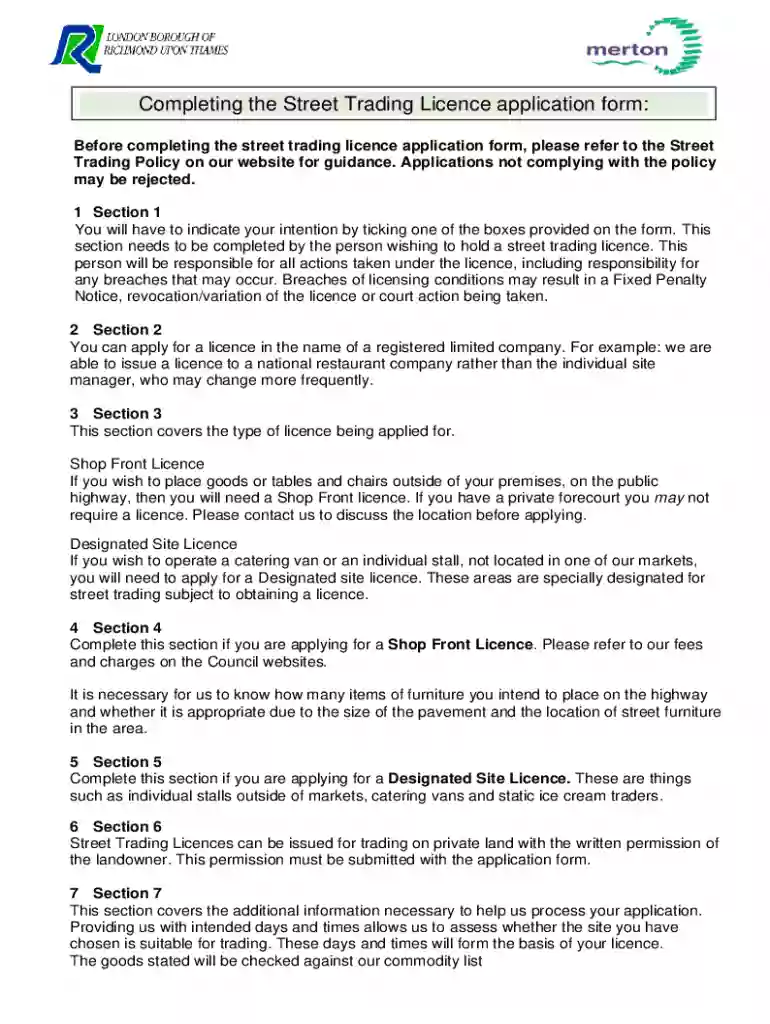 Street trading licence application form: new trader and Preview on Page 1