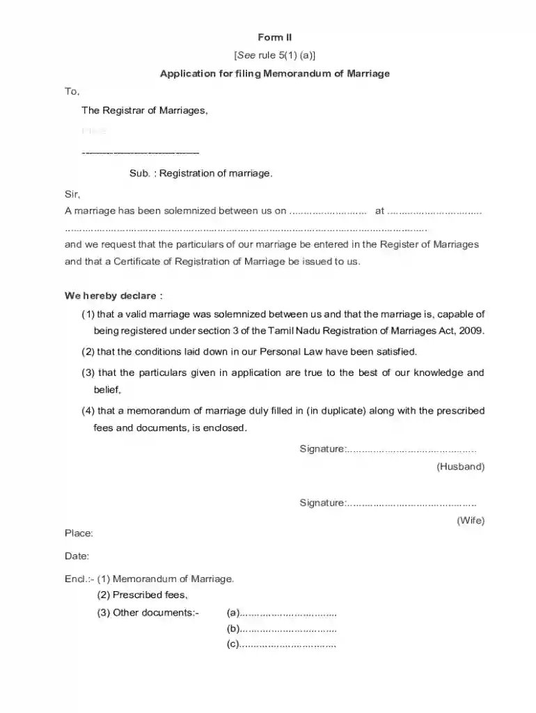 Form II Application for filing Memorandum of Marriage Preview on Page 1