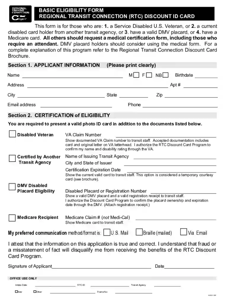 Basic Eligibility Form Regional Transit Connection (RTC) Discount Id Card Basic Eligibility Form Reg Preview on Page 1