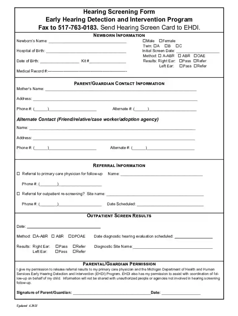 Hearing Screening Form Early Hearing Detection and Preview on Page 1