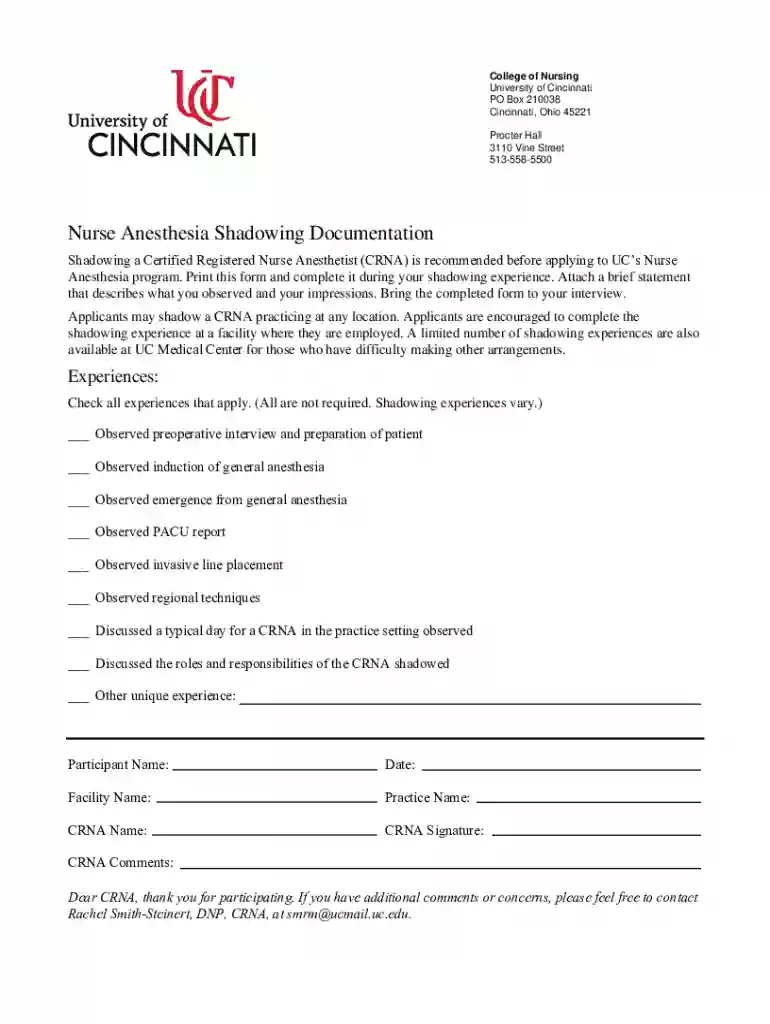 uc crna shadowing document Preview on Page 1