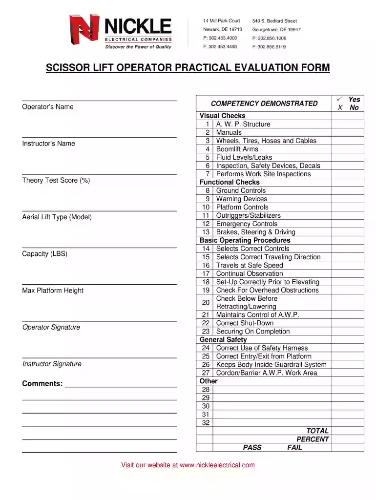 scissor lift evaluation form Preview on Page 1