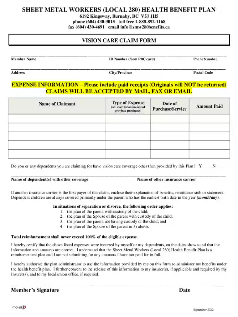 Fillable Online VISION CARE CLAIM FORM Preview on Page 1