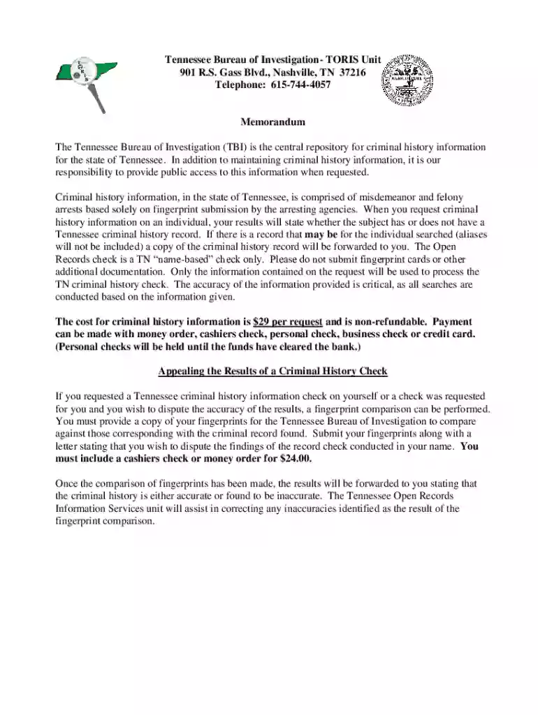 Tennessee Bureau of InvestigationTORIS 901 R S Gass Preview on Page 1