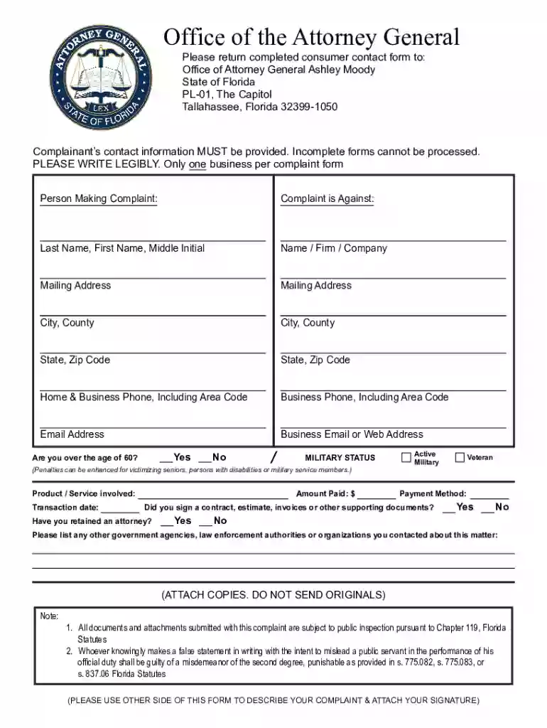 Florida Consumer Complaint Form Preview on Page 1
