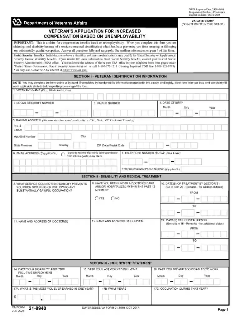 Va Form 21 8940 - Fill Out and Sign Printable PDF Template Preview on Page 1