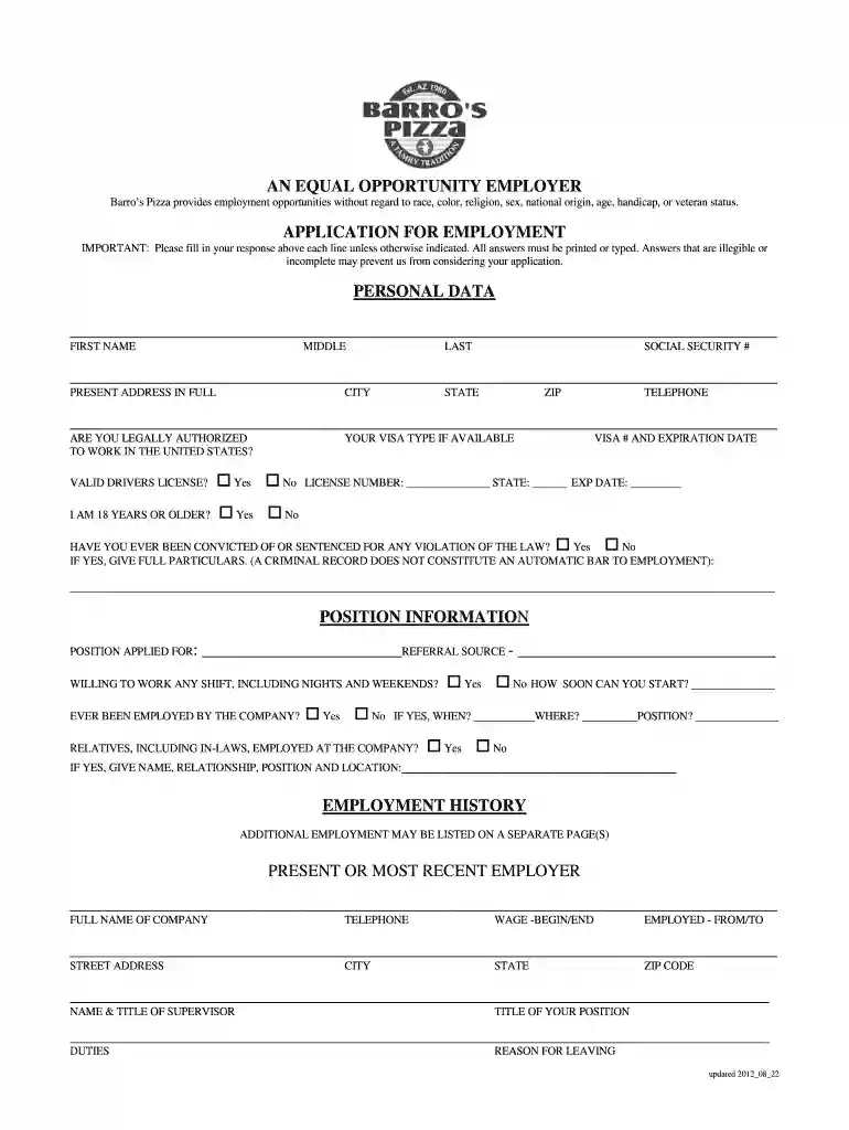 barro's pizza application Preview on Page 1