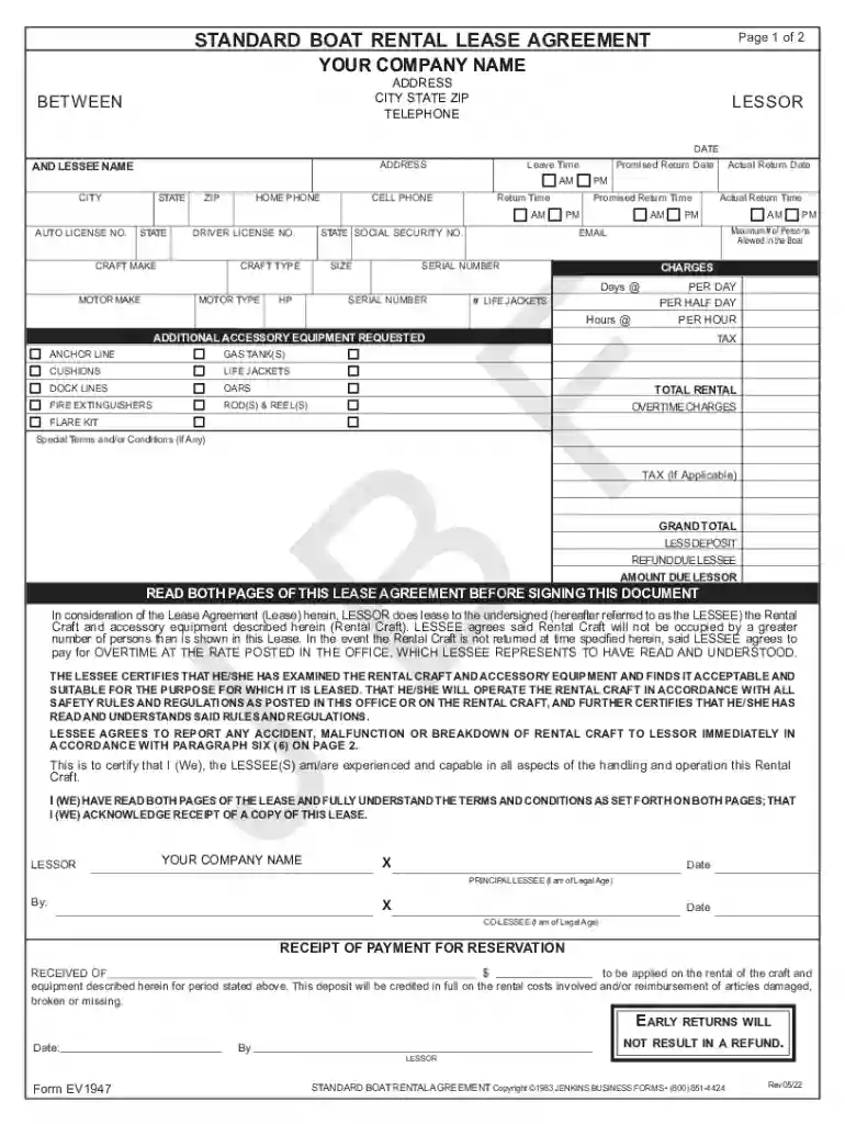 EV1947 Fill-Able PDF Boat Rental Lease Agreement Preview on Page 1