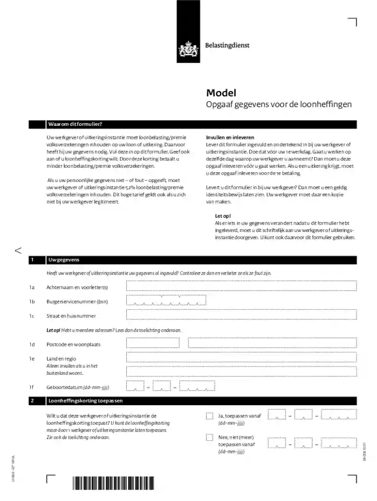 Wage Tax Form model opgaaf gegevens loonheffingen Preview on Page 1