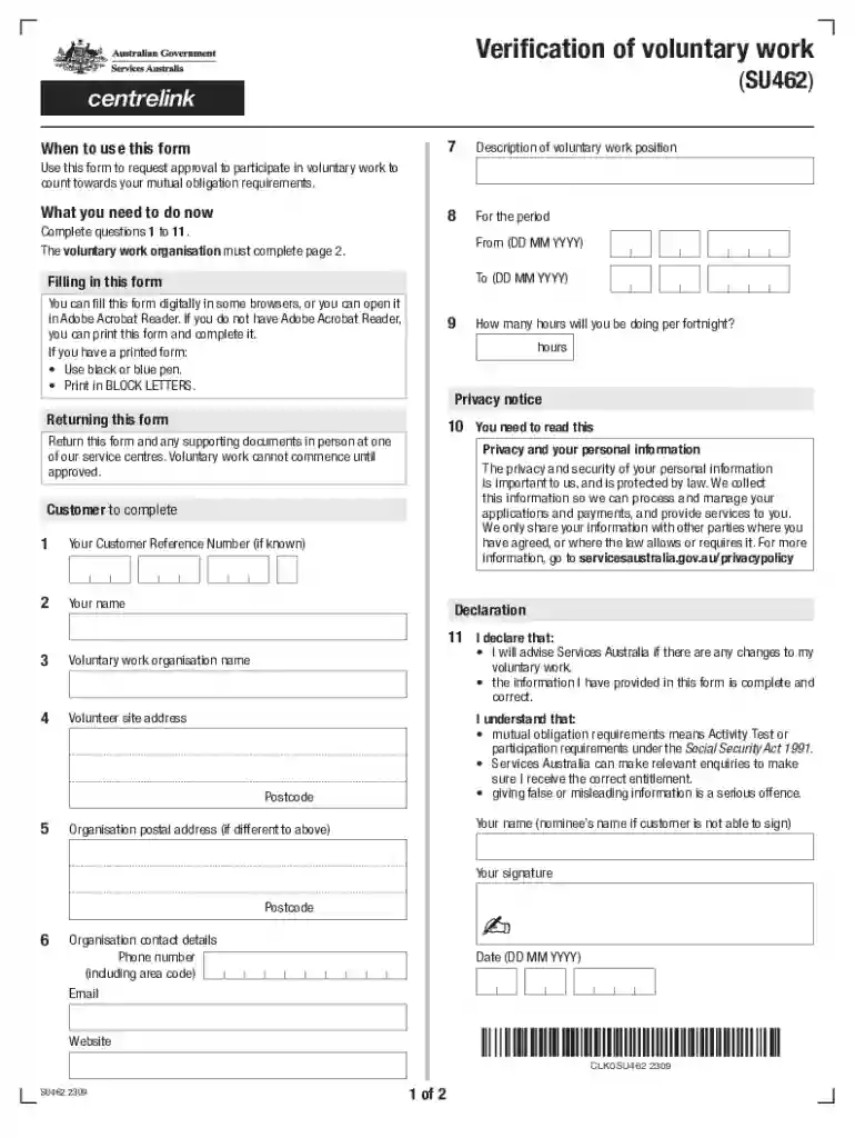 Voluntary Work Verification Form SU462 Preview on Page 1