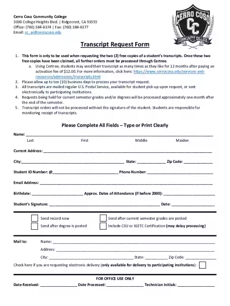 coso transcript request Preview on Page 1