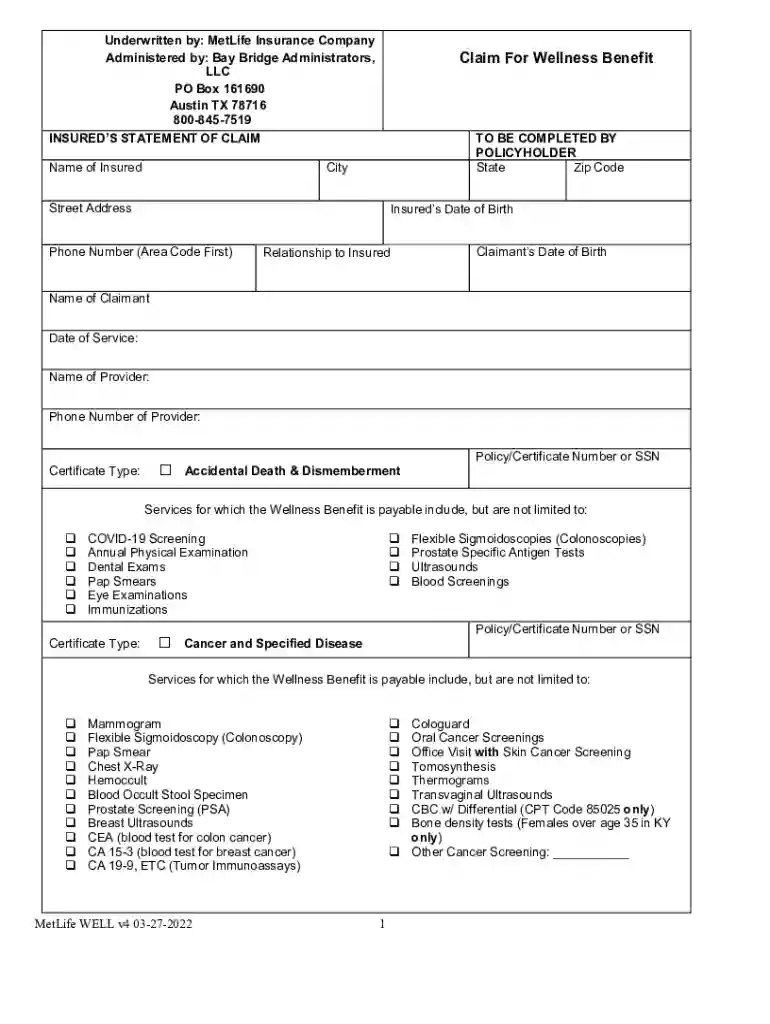 Wellness benefit claim form WELL-MetLife Preview on Page 1