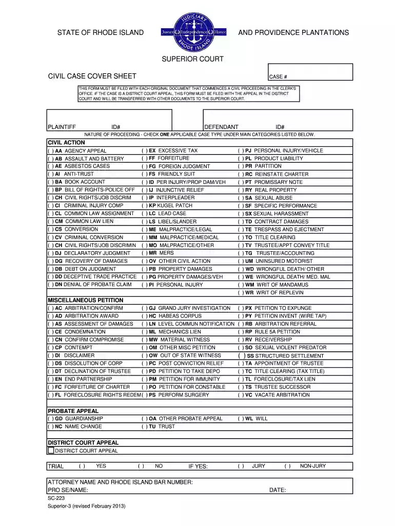 rhode island civil case cover Preview on Page 1