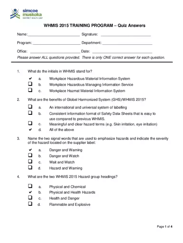 WHMIS 2015 Training Program Quiz Preview on Page 1