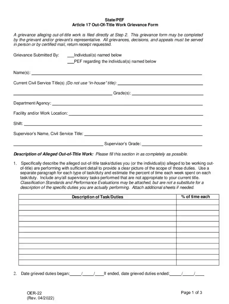 PEF Out-Of-Title Work Grievance Form Preview on Page 1