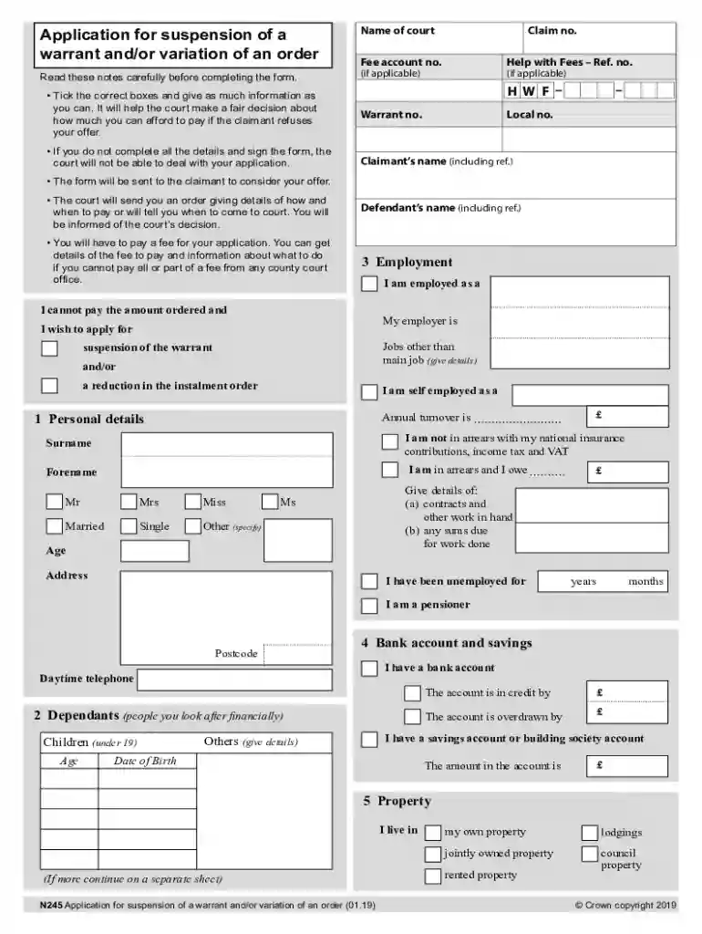 N245 Application for suspension or variation Preview on Page 1