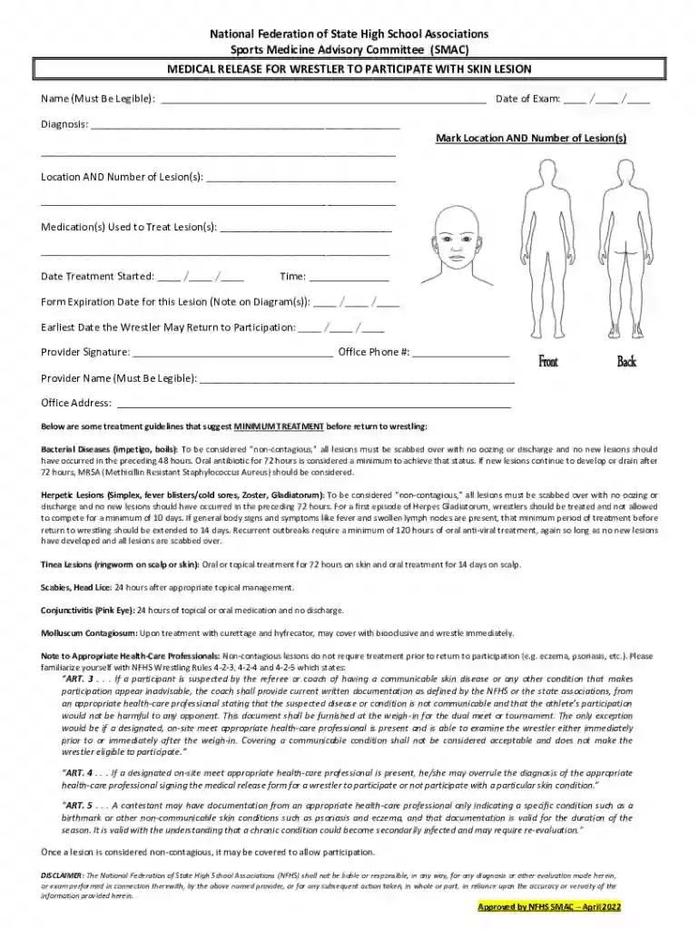 diaa nfhs medical release form for wrestler to participate Preview on Page 1