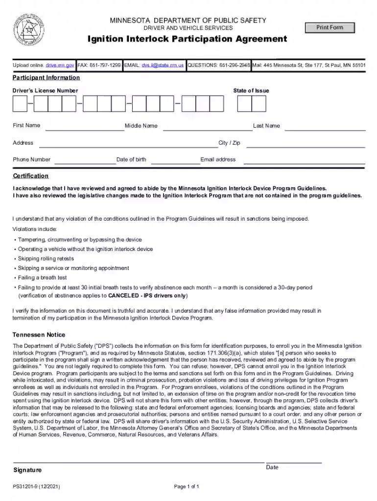 ignition interlock participation agreement Preview on Page 1